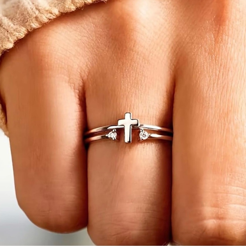 White Gold Plated Cross Ring with CZ | Minimalist Faith Ring - Picture 2 of 5